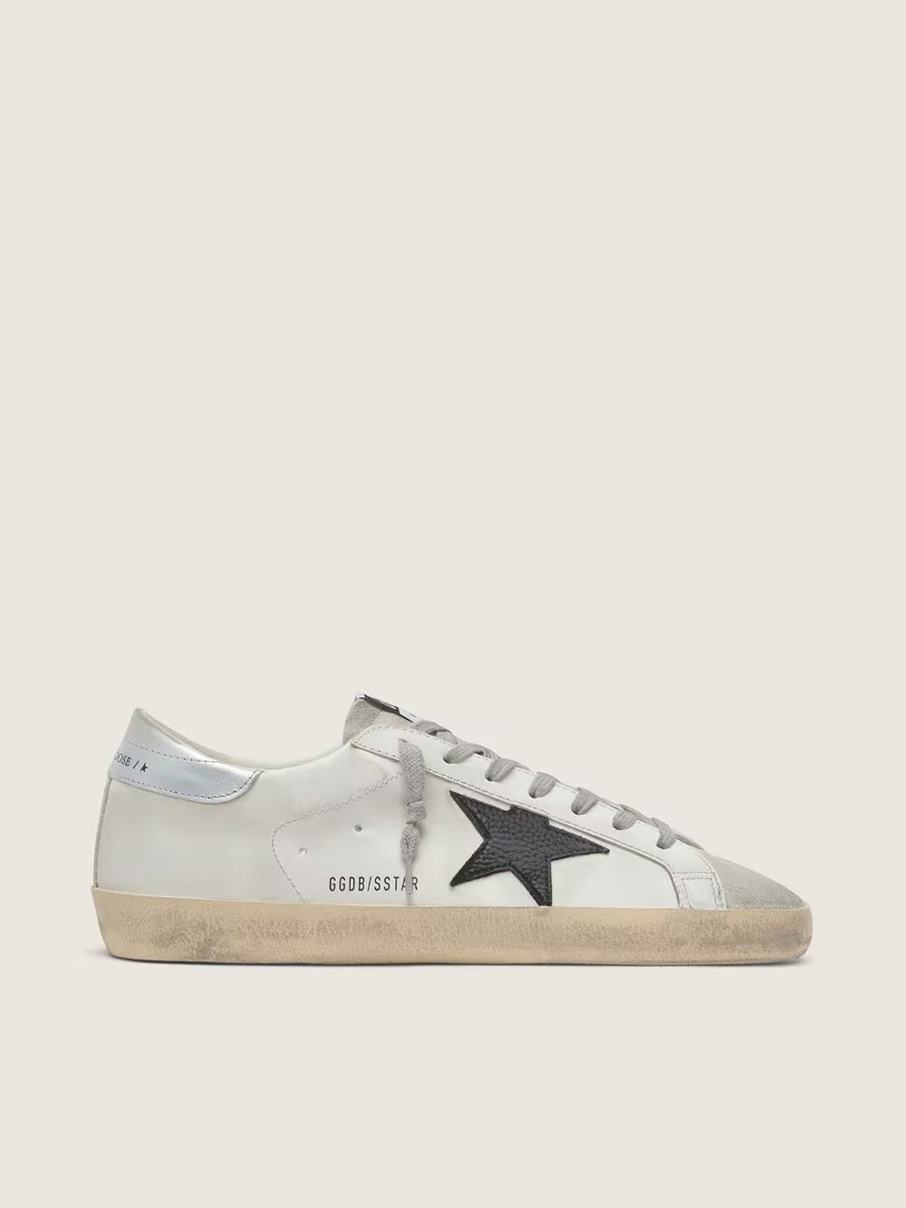 Golden Goose Men's Super-Star in white leather with black nubuck star and silver metallic leather heel tab
