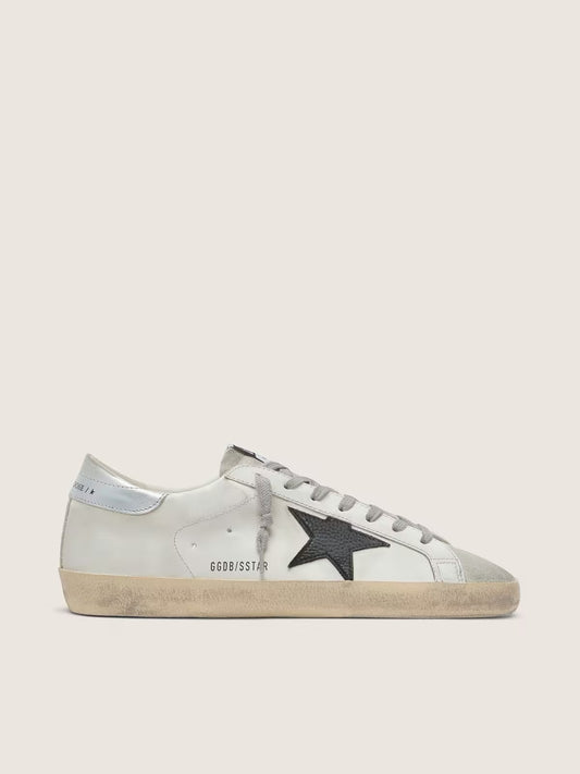 Golden Goose Men's Super-Star in white leather with black nubuck star and silver metallic leather heel tab