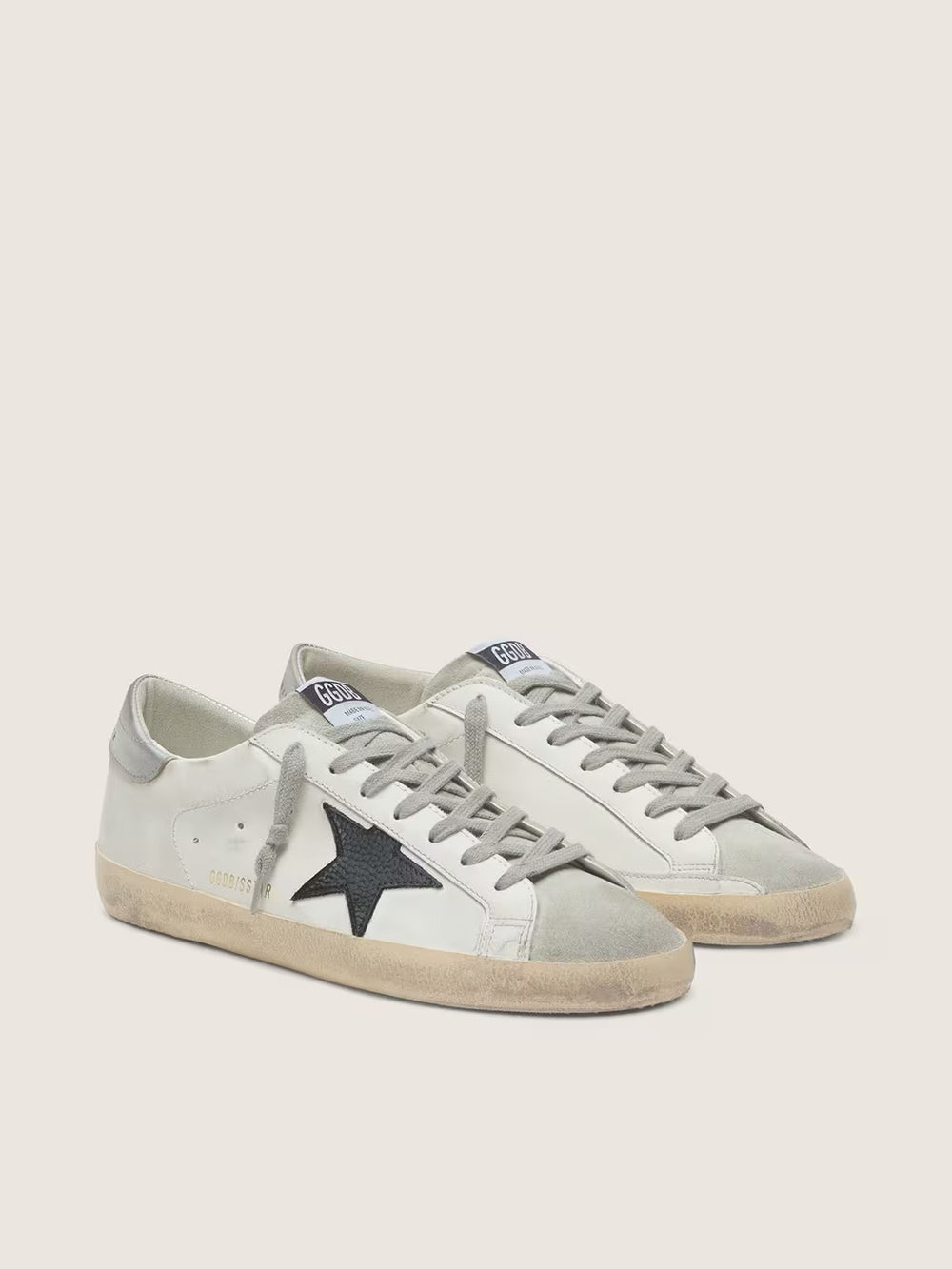 Golden Goose Men's Super-Star in white leather with black nubuck star and silver metallic leather heel tab