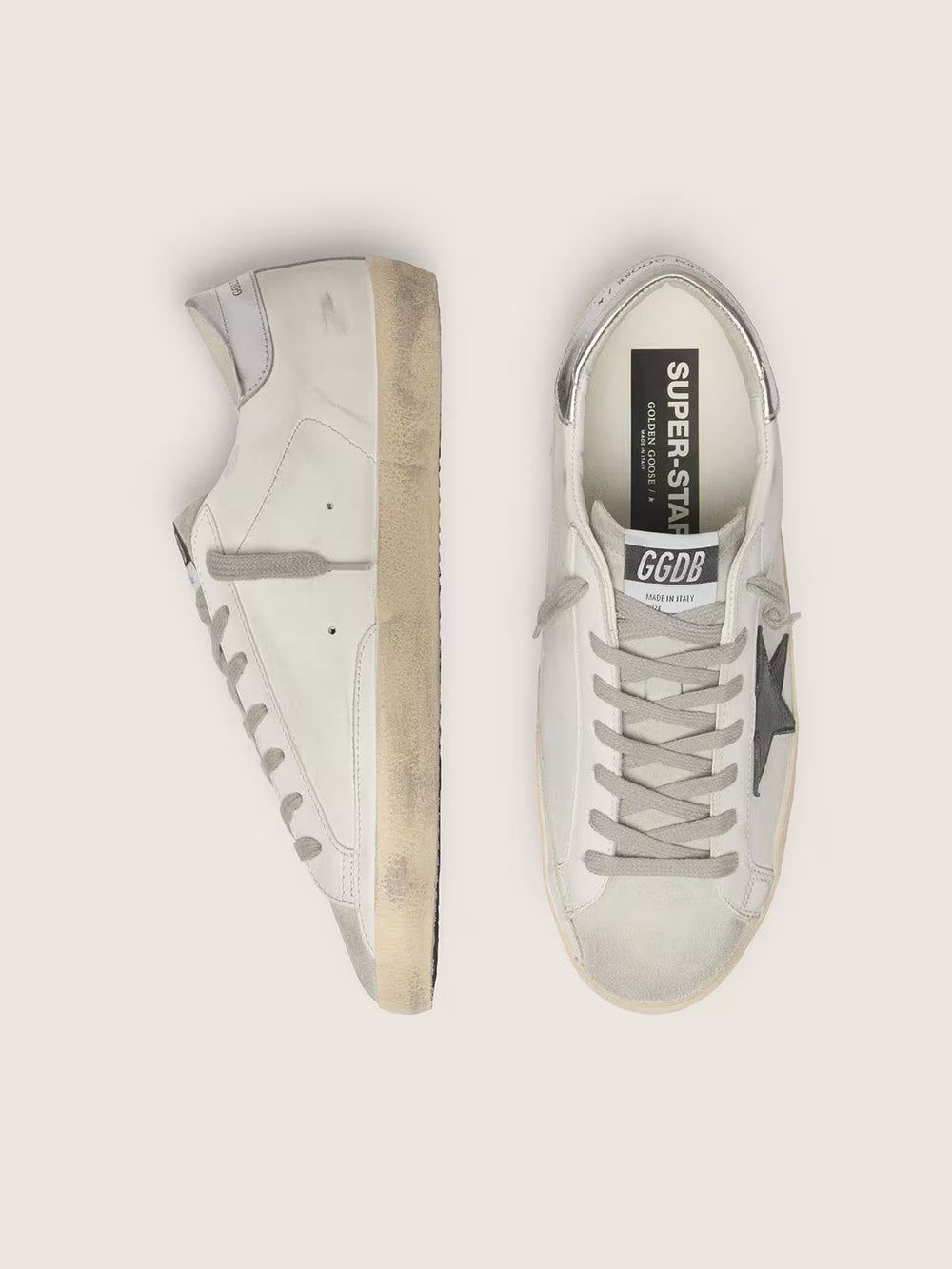 Golden Goose Men's Super-Star in white leather with black nubuck star and silver metallic leather heel tab